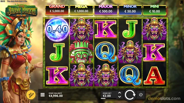 A 5-reel slot game titled The Jade Path Hold & Win shows a settled base game grid with a 0.40 multiplier orb on the first reel, alongside a character on the left and jackpot values at the top.