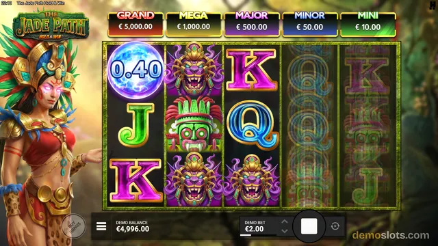 A 5x3 slot game titled The Jade Path Hold & Win shows a full reel grid with a glowing blue orb, purple and green masks, and letter symbols, alongside a female character on the left and jackpot values above.
