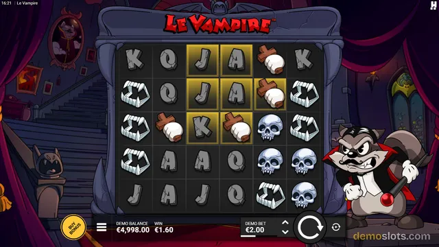 Le Vampire slot game showing a 5x5 grid of symbols including fangs, skulls, crosses, and letters, with a cartoon vampire character on the right and a win of €1.60 displayed at the bottom.