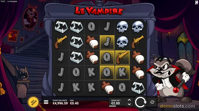 A slot game titled Le Vampire shows a 6x6 grid of symbols including fangs, skulls, guns, and letter tiles, with a cartoon vampire cat character standing to the right of the reels.