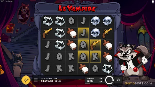 A slot game titled Le Vampire shows a 6x6 grid of symbols including fangs, skulls, and letter tiles, with a cartoon vampire character on the right side and a demo balance of €4,996.63 displayed at the bottom.