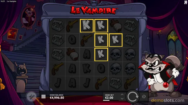 A cartoon vampire slot game titled Le Vampire shows a 5x5 grid of symbols with a highlighted cluster of K symbols and a vampire character standing on the right side of the reels.