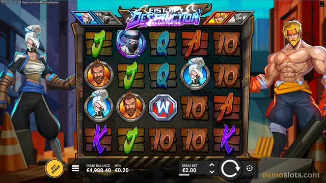 A 5x4 slot game grid with fighter characters and card symbols, flanked by two large character illustrations, with a demo balance of £4,988.40 and a win of £0.20.