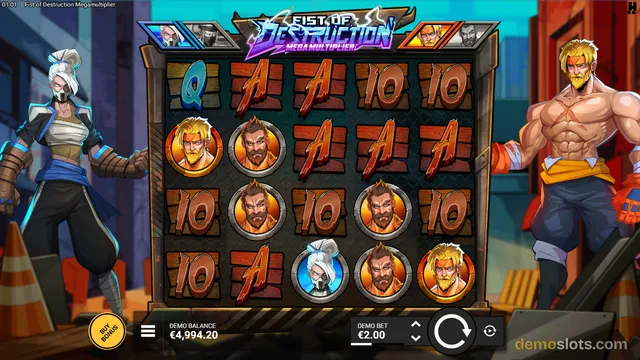 A 5x4 slot game grid titled Fist of Destruction Megamultiplier displays a base game spin with various symbols.