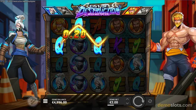A slot game titled Fist of Destruction Megamultiplier shows a 5x4 grid of symbols with a 0.20 win line highlighted, flanked by two fighting characters.
