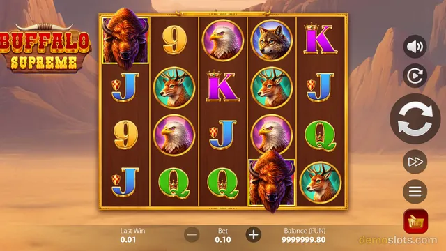 A 5x4 slot game grid titled Buffalo Supreme shows a settled spin with animal and letter symbols against a desert canyon backdrop.