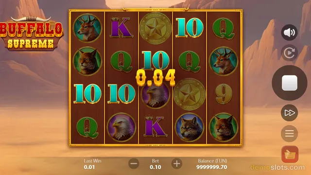 Buffalo Supreme slot game showing a 5x4 reel grid with animal and letter symbols, a win of 0.04, and a bet of 0.10.