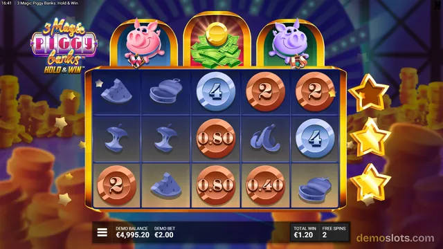 A 5x3 video slot grid displays a combination of blue fruit icons and orange coin symbols on a dark blue background, topped by three pig characters holding gifts and a stack of cash.