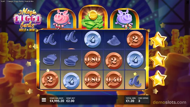 A 5x3 slot grid for the game 3 Magic Piggy Banks displays a settled spin with a total win of 1.20, featuring piggy bank, money, and playing card symbols.