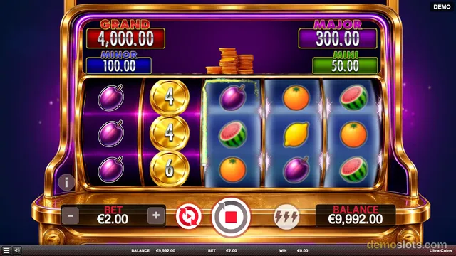 A 5-reel slot game showing a purple plum symbol on the first reel, gold coin symbols with numbers 4 and 6 on the second reel, and fruit symbols including plums, watermelons, oranges, and lemons on the remaining reels.