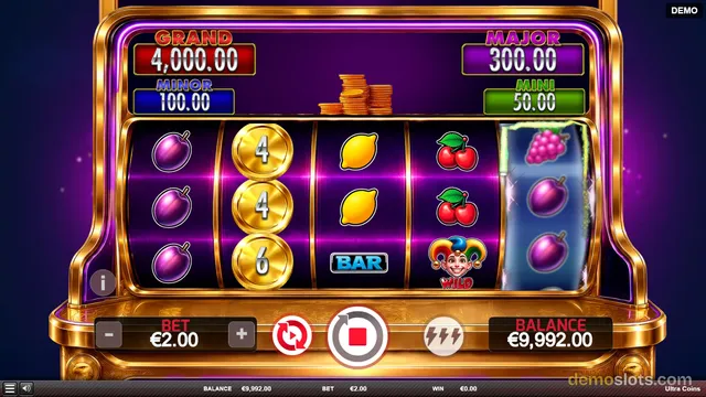 A 5x3 slot game frame with a purple background and gold trim, showing a grid of symbols including plums, golden coins with numbers, lemons, cherries, grapes, a BAR, and a wild jester, with jackpot values displayed above.