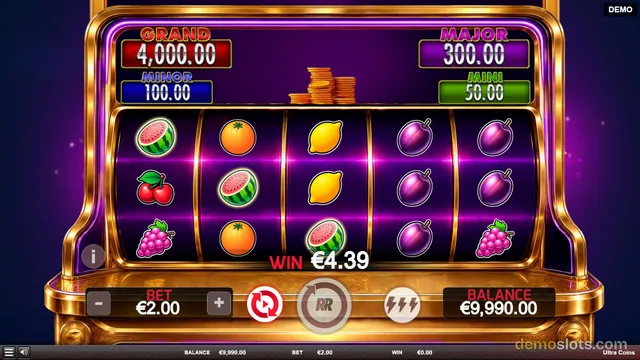 A 5-reel slot game titled Ultra Coins shows a settled grid with fruit symbols and a win of 4.39 euros.