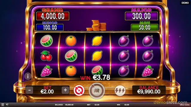 A gold-framed slot game shows a 5x3 reel grid with fruit symbols, jackpot labels above, and a win of 3.78 euros displayed below the reels.