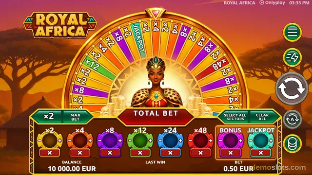 A slot game titled ROYAL AFRICA displays a large golden wheel with colored segments and a central portrait of an African queen, with a control panel of betting options below.