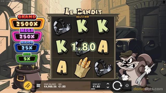 A 3x3 grid in the slot game Le Bandit Hold & Win shows a 1.80 win amount overlaid on the center reel, with a cartoon raccoon holding a shovel standing to the right of the grid.