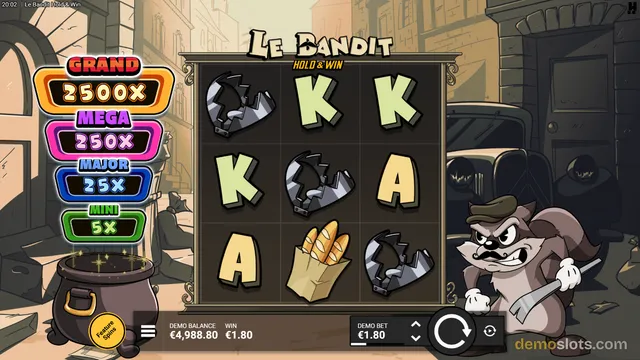 A screenshot of the slot game Le Bandit Hold & Win showing a 3x3 grid of symbols including a broken helmet, letters K and A, and a paper bag of bread, set against a sepia-toned urban background.
