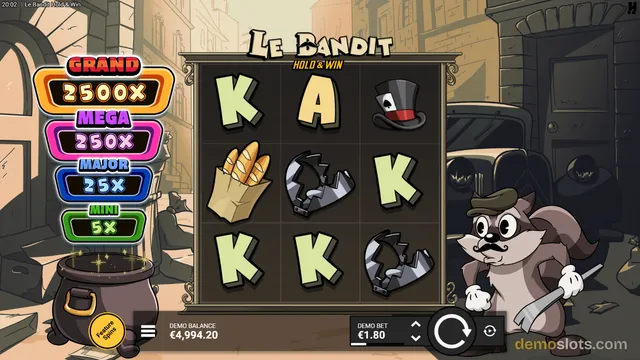 A 3x3 slot game grid displays card letters and cartoon symbols against a sepia-toned street background with a raccoon mascot on the right.