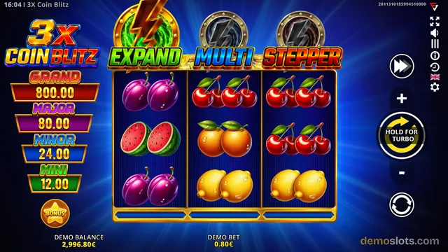 A 3x3 slot game grid displaying fruit symbols with a paytable on the left and a '3x Coin Blitz' title.
