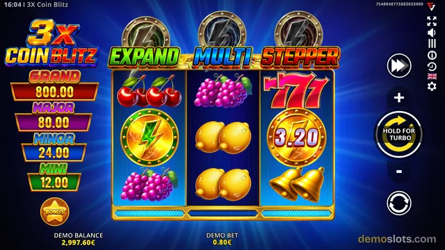 A 3x3 slot grid displays a win of 3.20 credits with cherries, grapes, lemons, bells, and lightning coin symbols against a blue background.