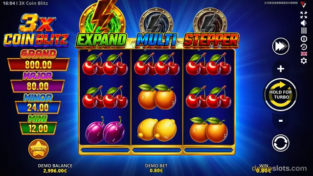 A 3x3 video slot grid displays fruit symbols including cherries, plums, lemons, and oranges against a dark blue background with a large '3X COIN BLITZ' banner on the left.