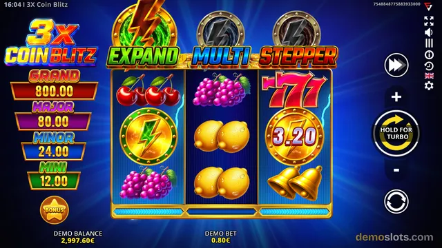 A 3x3 slot game grid displaying classic fruit and lightning symbols with a paytable on the left and a blue background.
