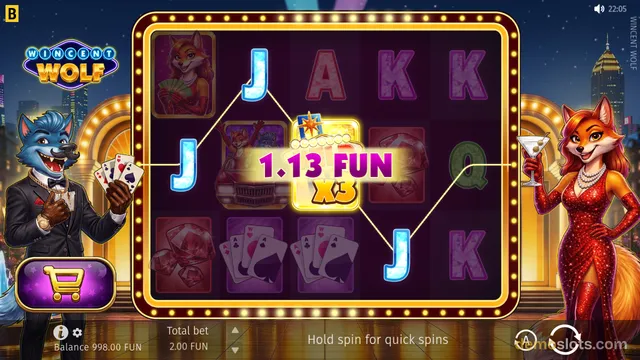 A slot game titled Vincent Wolf shows a 5x4 reel grid with a win of 1.13 FUN highlighted, flanked by two anthropomorphic wolf characters in formal attire.