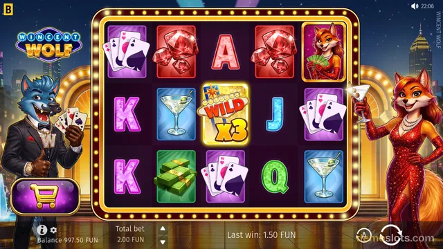 A slot game titled Vincent Wolf shows a 5x3 reel grid with a wild symbol, a female fox character in a red dress, and a male wolf character in a tuxedo.