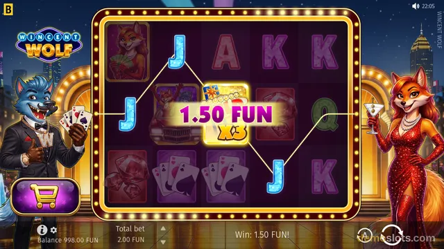A 5x4 slot grid with a win of 1.50 FUN, featuring a gold-framed reel set with a central winning symbol showing x3 multiplier, flanked by two anthropomorphic wolf characters in glamorous attire against a city skyline at night.