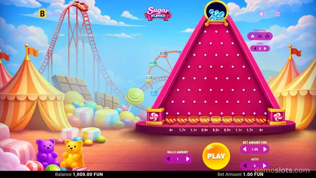 A bright pink triangular Plinko-style game board with pegs and a candy carnival background.