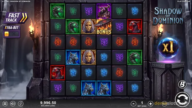 A 6x6 grid of dark fantasy slot symbols sits between stone pillars, with a bonus symbol in the top row and game title Shadow of Dominion on the right.