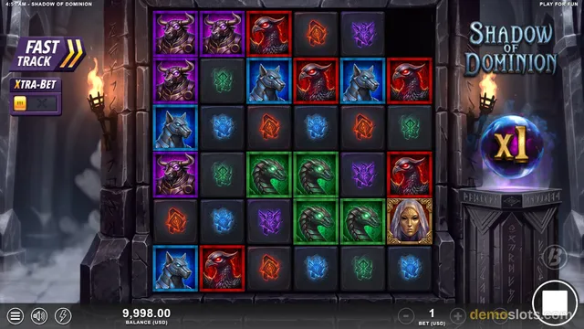 A slot game grid titled Shadow of Dominion shows a 6-column by 5-row layout of fantasy symbols including horned minotaurs, red birds, blue wolves, green serpents, and a golden human face.