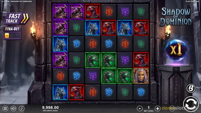 A fully rendered slot game grid titled Shadow of Dominion shows a 6-column by 6-row layout of fantasy symbols set against a dark stone wall with torches.