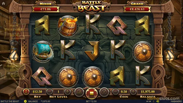 5x3 Battle The Beast slot displaying base gameplay with card symbols and adventure-themed reel content.