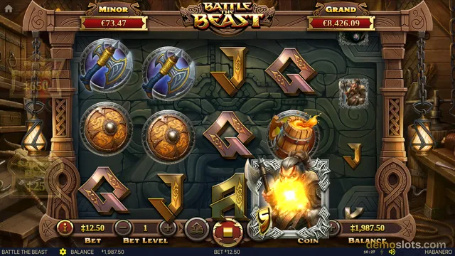 Battle The Beast game showing regular base gameplay with decorated shields, coins, swords, and the beast character.