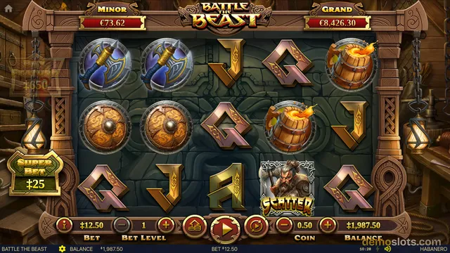 Battle The Beast 5x3 slot showing medieval fantasy symbols including axes, shields, swords, barrels, and a warrior beast character on brown background.