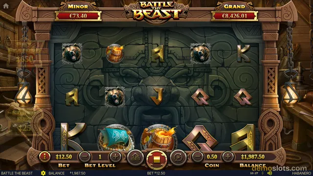 Battle The Beast displaying bonus or free spins round with beast heads and limited reel symbols visible.