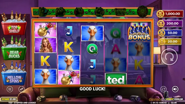 A 5x3 slot game grid showing symbols including a goose, a woman, a bottle, and playing card letters, with a 'ted' logo appearing in a symbol position.