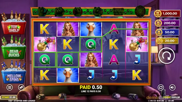 A 5x4 slot game grid with a winning line highlighted, showing symbols like K, A, Q, J, a woman, a goose, and a bottle.