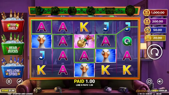 A 5x4 slot game grid showing a winning line with a green line connecting symbols, with a PAID 1.00 indicator at the bottom.