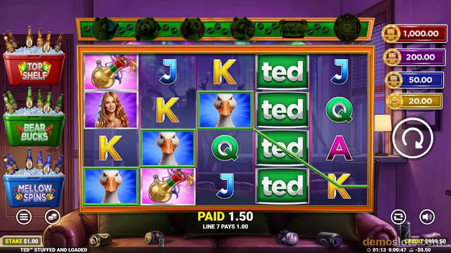 A 5x4 slot grid showing a winning line across four 'ted' symbols, with a PAID 1.50 banner and a green win line, set against a purple bedroom background with beer coolers and scattered cans.
