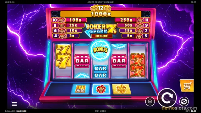 A 5-reel slot game named Joker Spark 7s Deluxe showing a grid with gold 7s, BAR symbols, and a central BONUS orb against a purple lightning background.