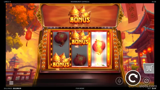 A 3x3 slot game titled Moonburst Express shows three lantern symbols and a stacked BONUS symbol on an illuminated red reel frame, with a large BONUS graphic above the reels.