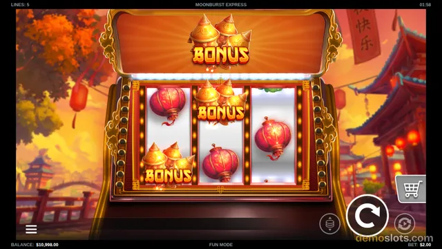 A 3-reel slot game titled Moonburst Express shows a bonus symbol on the top reel and another bonus symbol on the bottom-left reel, with red lantern symbols filling the other positions.