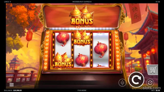 A 3x3 slot game titled Moonburst Express shows a reel grid with red lanterns and gold bonus symbols, with an illuminated top banner displaying the word BONUS.