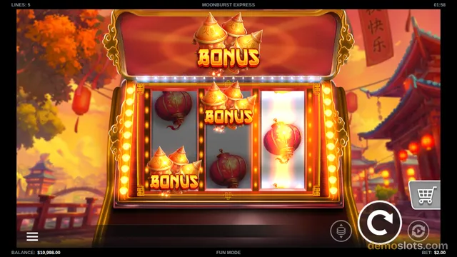 A 3-reel slot game titled Moonburst Express shows a bonus symbol stacked on the middle reel with red lanterns on the side reels.