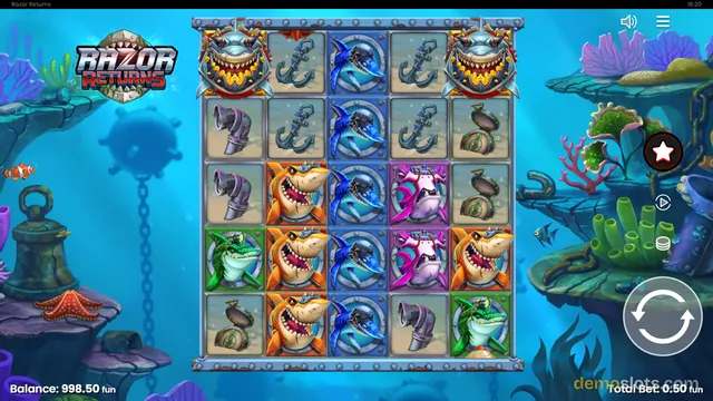 A 5x5 grid of underwater slot symbols with a shark character in the top corners and various sea-themed icons, set against a blue ocean background.