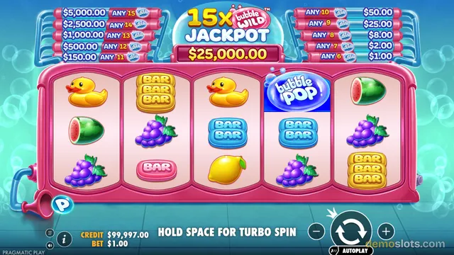 A slot game reels area with a pink bubble-themed frame, showing symbols like ducks, grapes, watermelon, lemons, and BAR variations, with a jackpot display above.