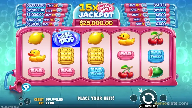 A pink bubble-themed slot game shows a 5x3 reel grid with a Bubble Pop Wild symbol on the top row, surrounded by jackpot ladders and bubble decorations.