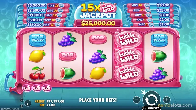 A five-reel slot game titled Bubble Wild showing a pink slot machine with fruit symbols and stacked bubble wild symbols, with a jackpot display showing $25,000.00.