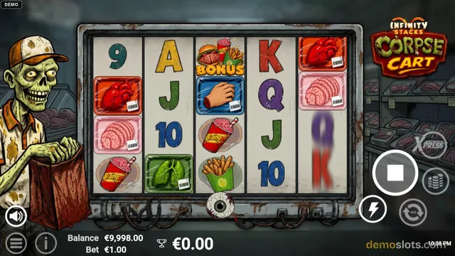 A slot game called Corpse Cart shows a 5x4 grid of symbols on a rusty metal frame, with a zombie butcher character standing to the left.